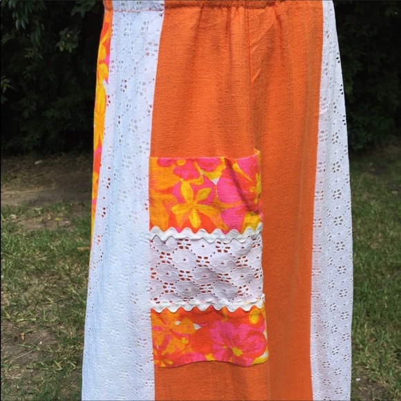 Vintage BoHo Hippie Orange White Patchwork Maxi - Picture 5 of 8